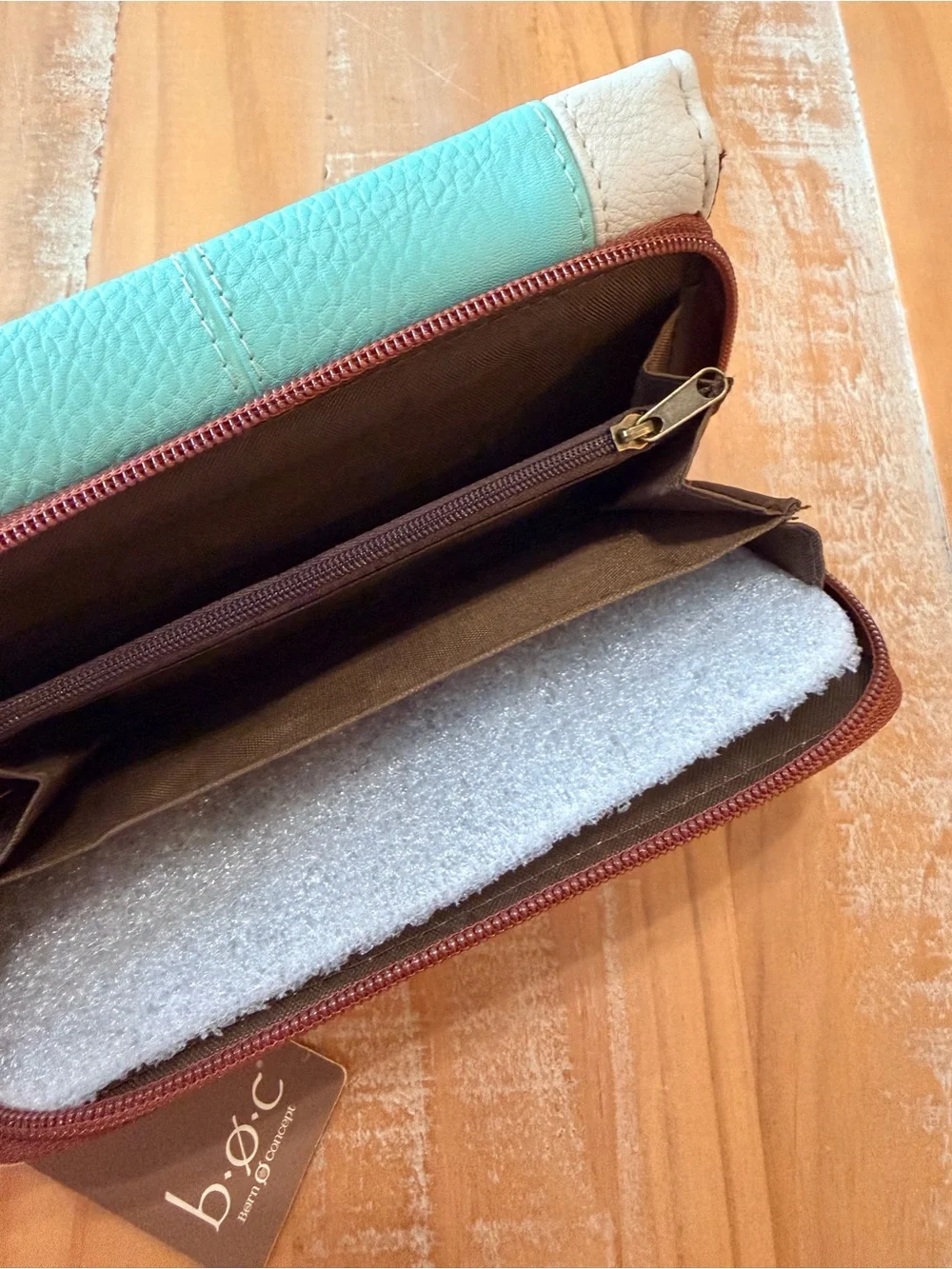 NEW b.o.c. RFID Aqua and Taupe Trifold Wallet with Brown Accents BORN NWT